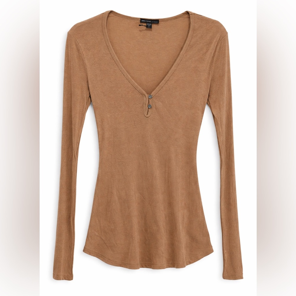 James Perse Cashmere Blend Ribbed Henley Top XL Tan Camel Minimalist NWT